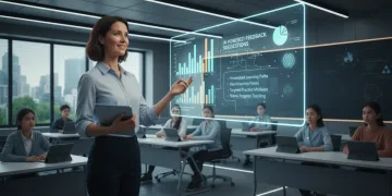 Enseignant utilisant des outils d'IA pour les évaluations en classe, réduisant le temps de notation