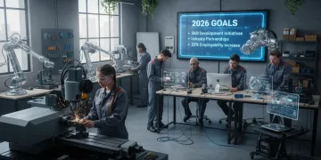 Étudiants apprenant dans un centre de formation professionnelle moderne, mettant l'accent sur les compétences professionnelles futures.